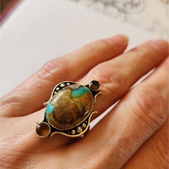 Handmade Jewelry - Silver and Turquoise Ring, topaz stones, 925, size 6.5